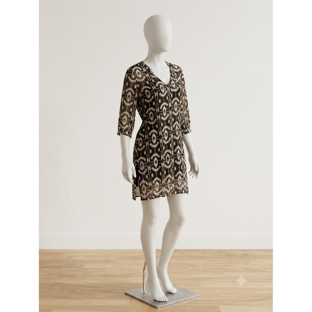 Mix Nouveau Size L Ikat Sequin Embellished Tunic Brown Cream Boho Resort Chic